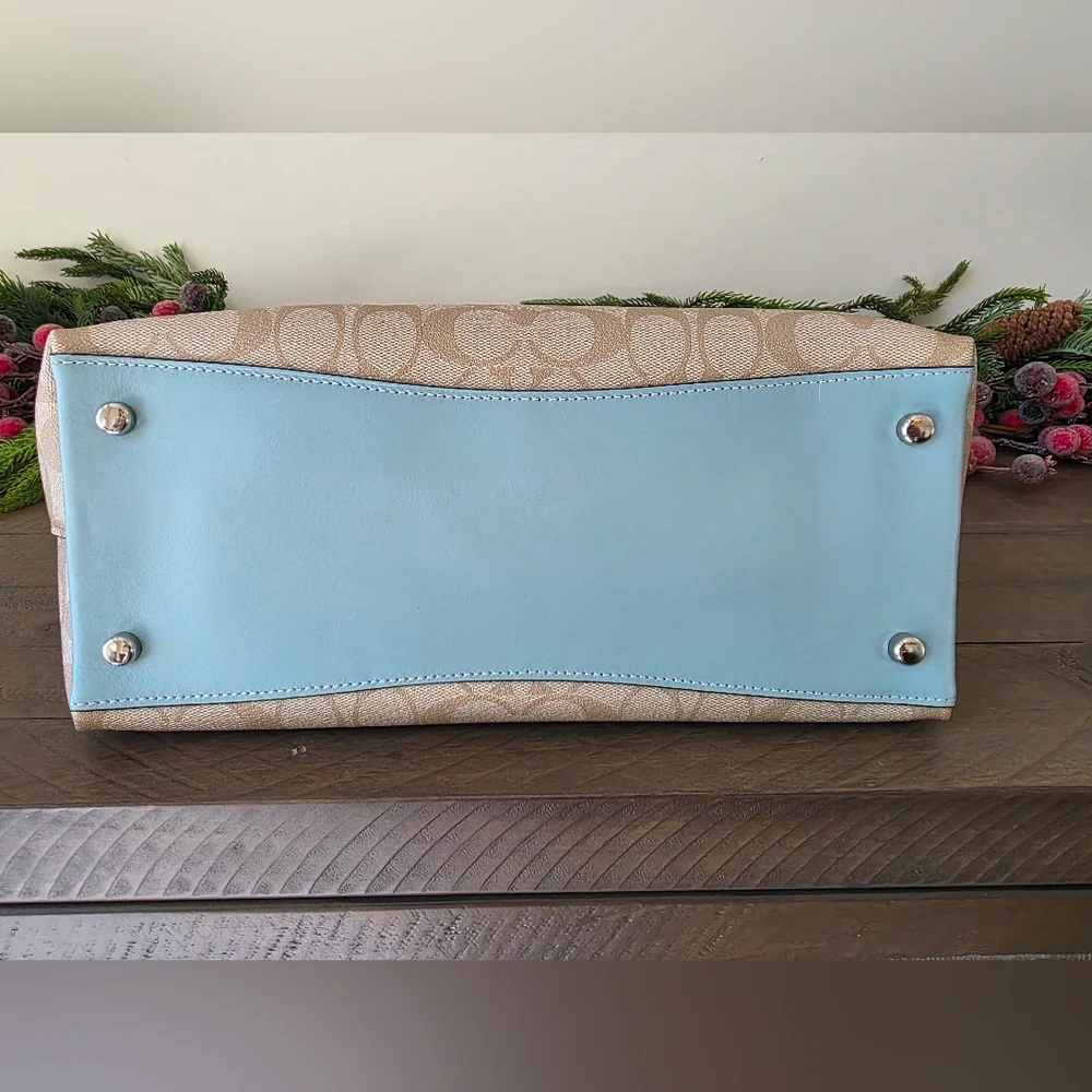 Coach Emma Satchel Crossbody Signature Coated Canvas Light Blue Leather Accents - Picture 10 of 15